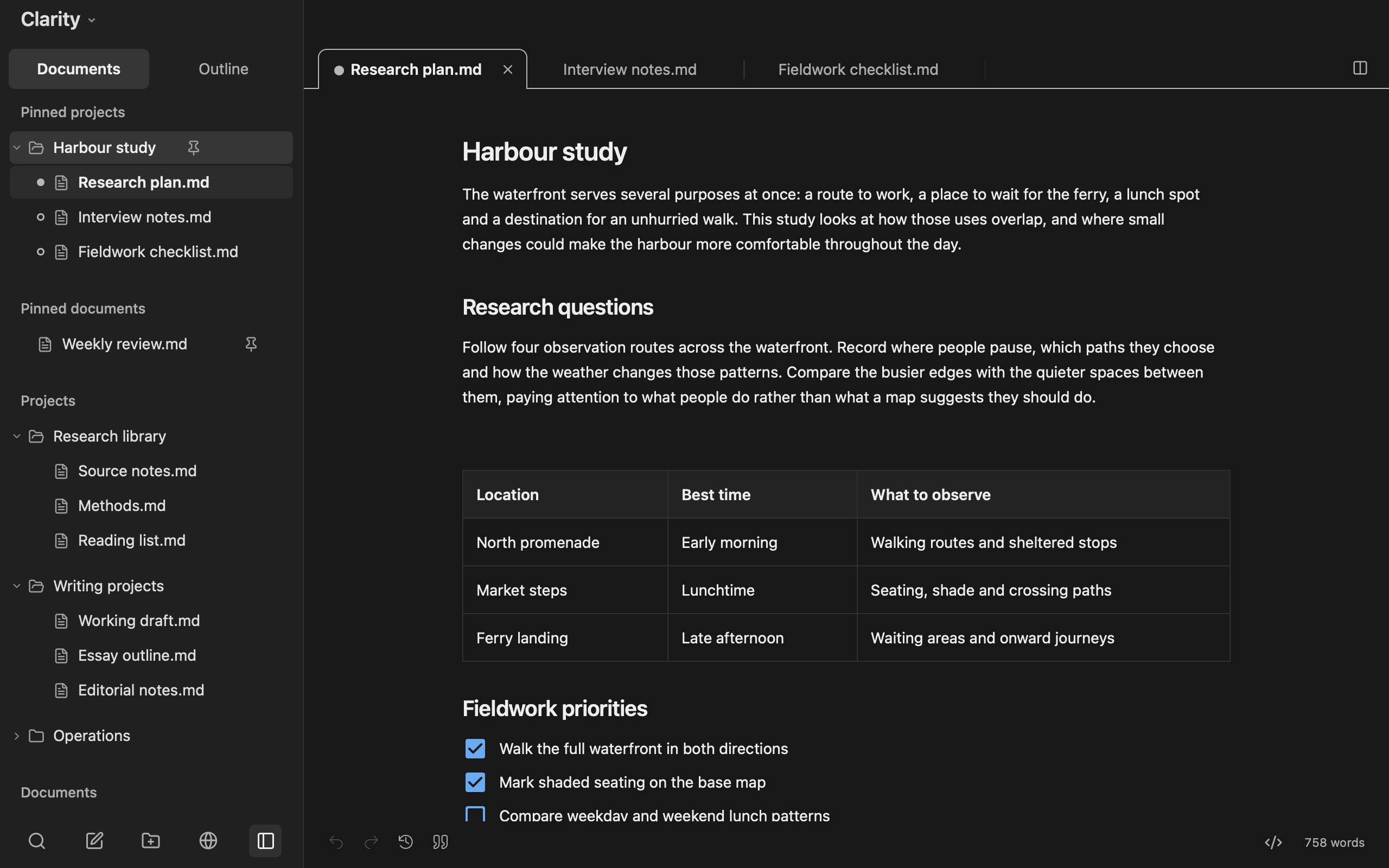 Formatted research plan with a table, task list and populated project sidebar in Clarity.
