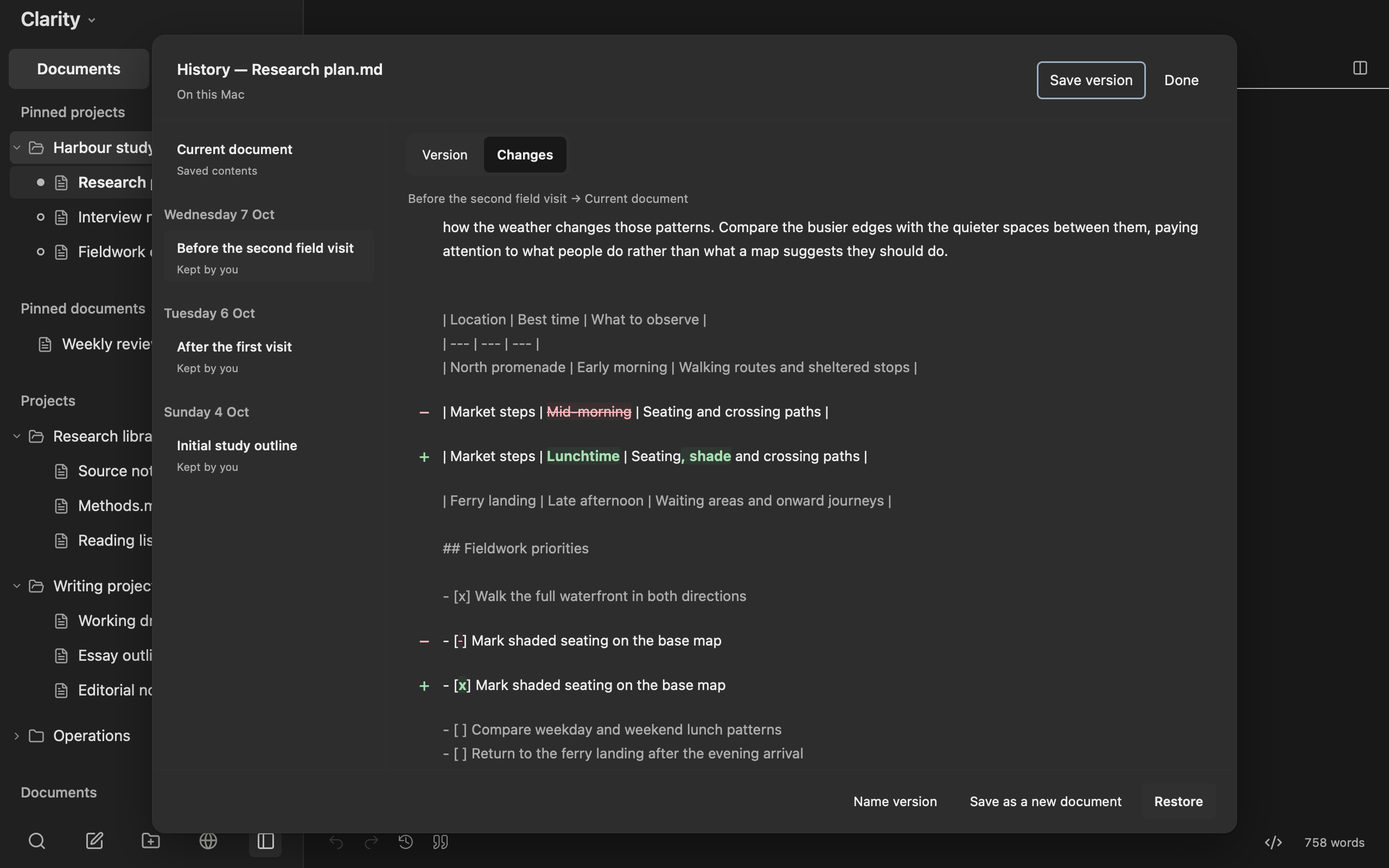 Clarity History Changes view showing additions and removals in prose, tables and task lists.